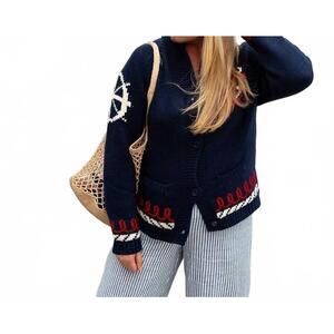 NEW PINK PINEAPPLE coastal varsity long sleeve cardigan in navy/white